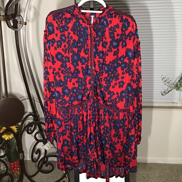 FREE PEOPLE PRE-LOVED AUTHENTIC RED & BLUE FLORAL LONG SLEEVES DRESS/TUNIC DRESS - Picture 10 of 11